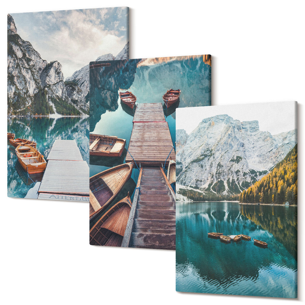 Háromrészes vászonkép szett Egy tó fából készült stégekkel és hegyekkel