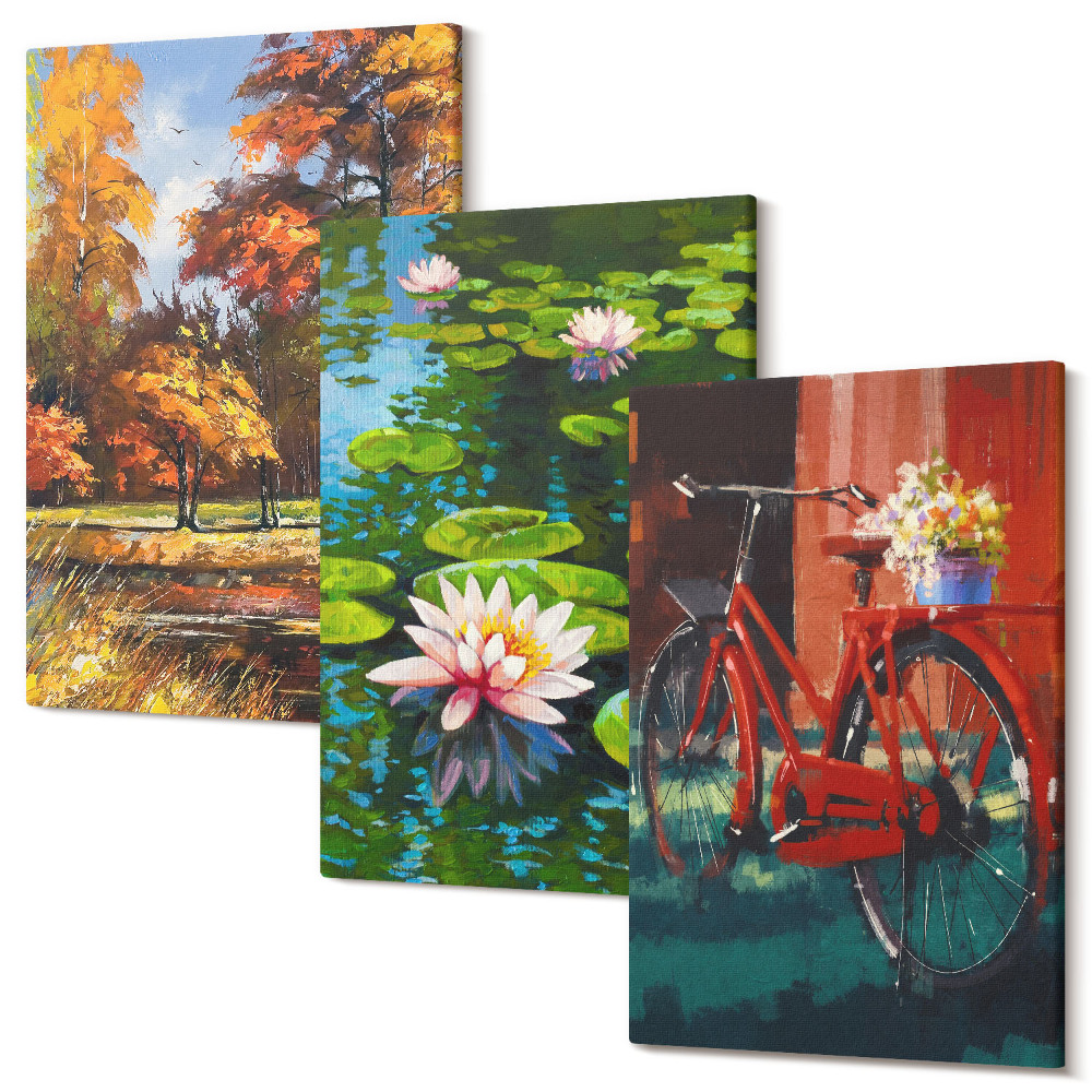Kép szett triptichon Őszi színek, liliom tó, bicikli a teraszon
