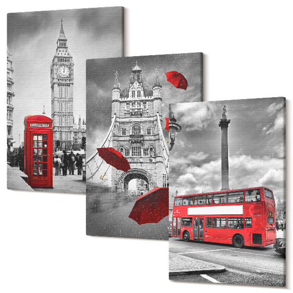 Falikép szett triptichon Londoni kilátás piros esernyővel és busszal