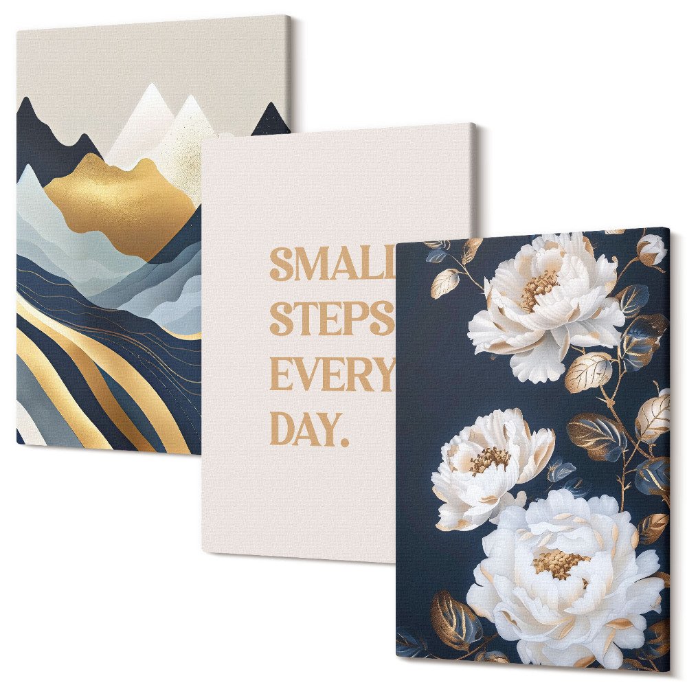 Kép szett triptichon Absztrakt hegyek virágok és inspiráló betűk