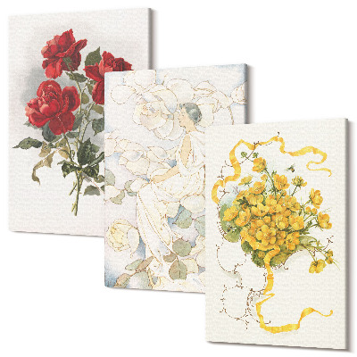 Kép szett triptichon Piros rózsák, fehér alak, sárga virágok vázában