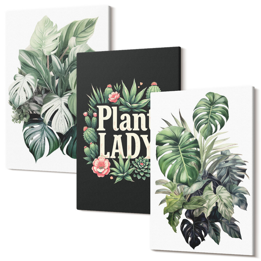 Háromrészes vászonkép szett Trópusi növények a Plant Lady felirattal zöldben