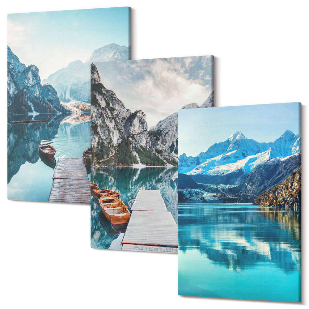 Háromrészes vászonkép szett Hegyi tavak csónakokkal és tükröződésekkel a vízben