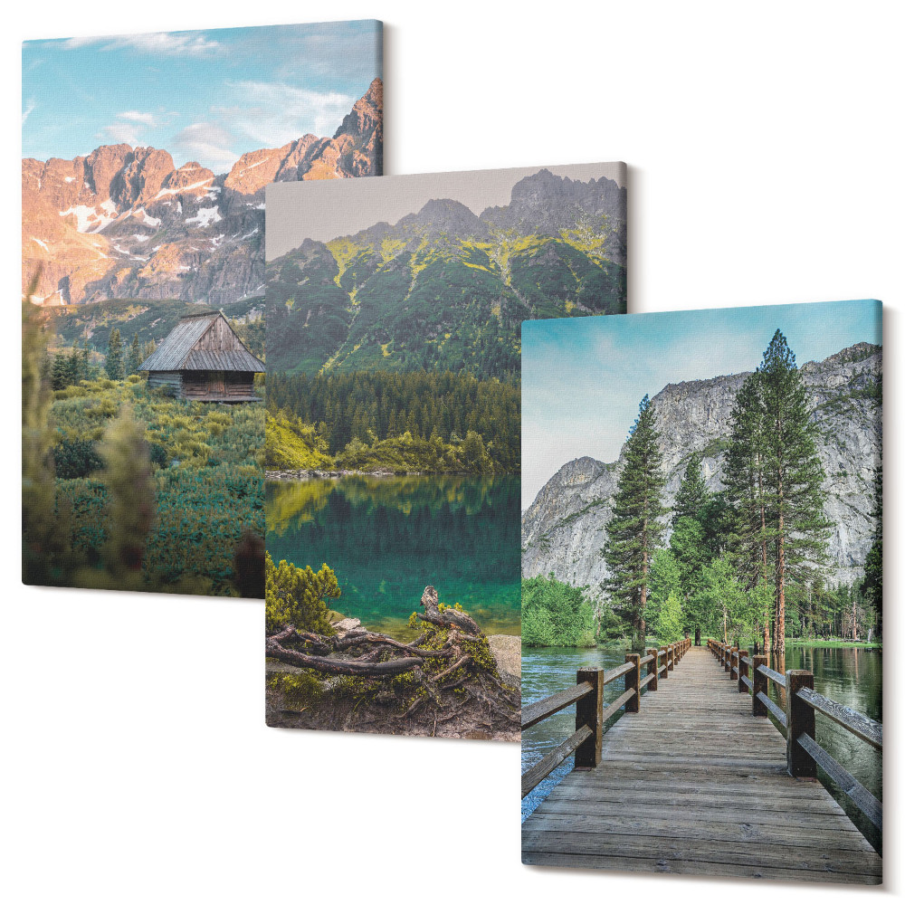 Háromrészes vászonkép szett Hegyi tájak tóval és fa mólóval