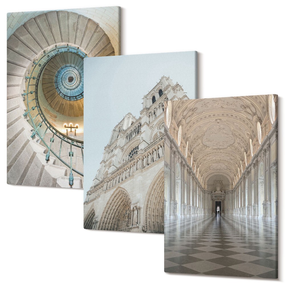 Falikép szett triptichon A székesegyház csigalépcsője, kilátás az épület homlokzatára és csempézett folyosó