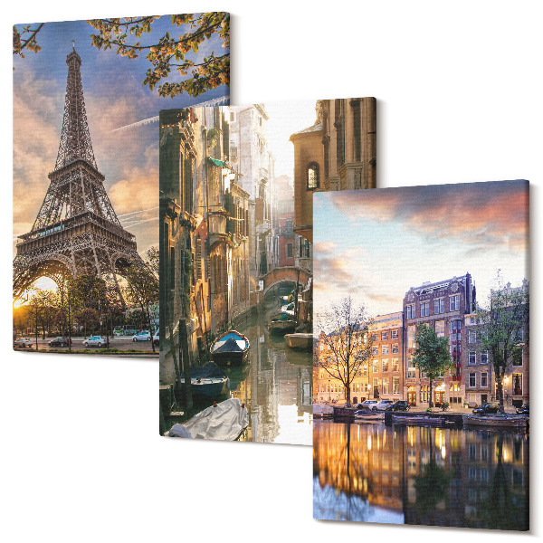 Kép szett triptichon Az Eiffel-torony, a velencei csatornák és Amszterdam utcái