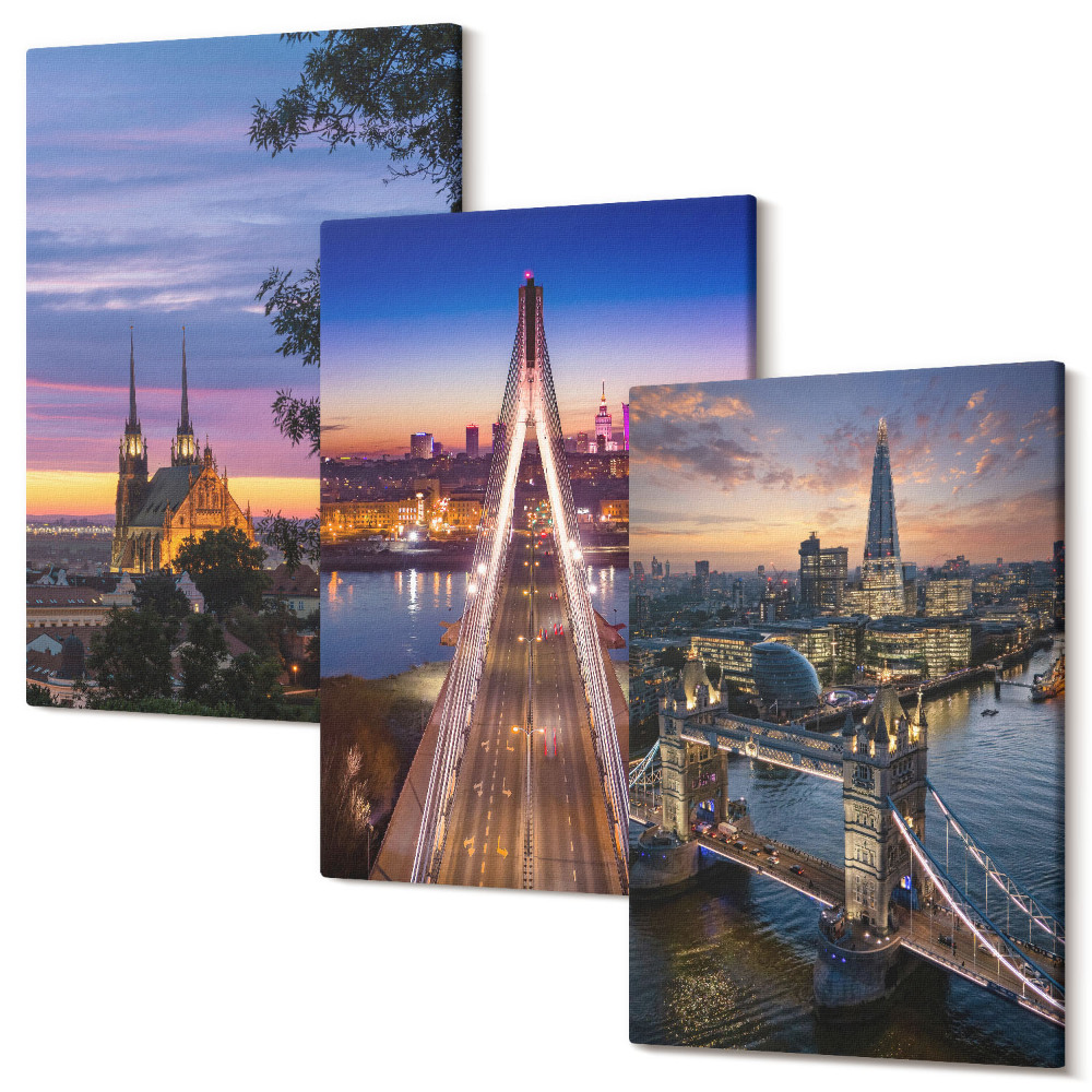 Kép szett triptichon Kilátás a városra hidakkal és naplementével