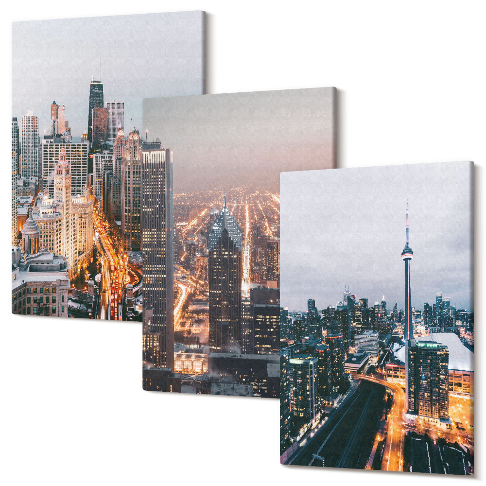 Falikép szett triptichon Éjszakai városi kilátás felhőkarcolókkal és fényekkel