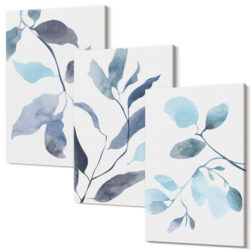 Háromrészes vászonkép szett Kék levelek világos háttéren, akvarell stílusban