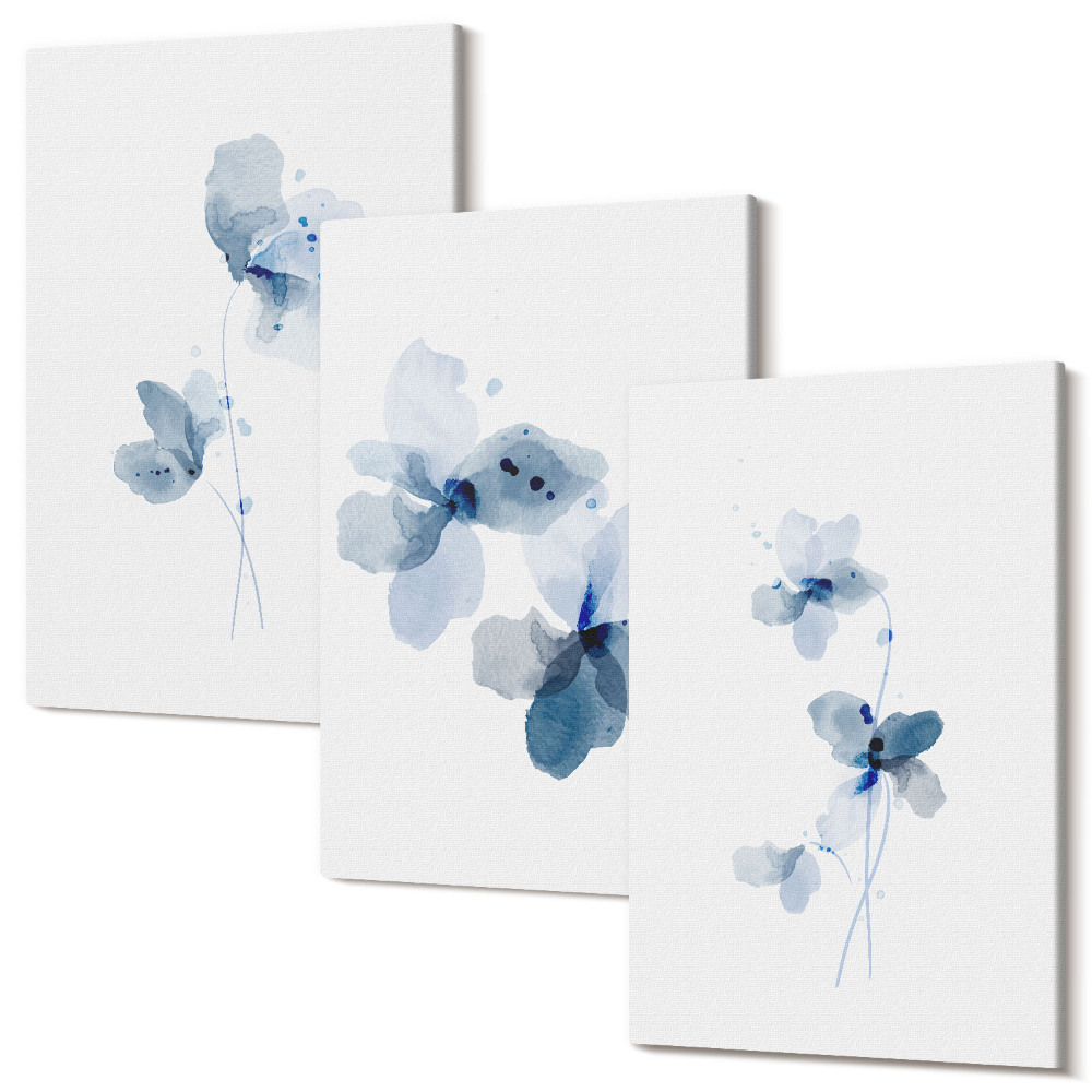 Falikép szett triptichon Kék árnyalatú virágok világos háttéren