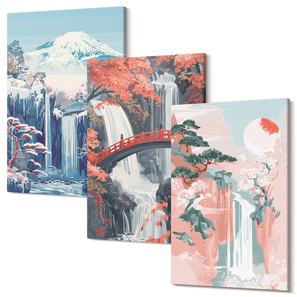 Háromrészes vászonkép szett Vízesések hegyek híddal és virágzó fákkal