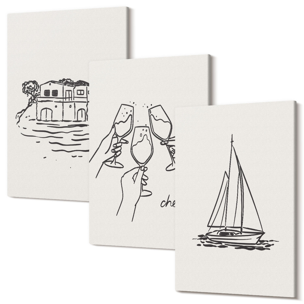 Kép szett triptichon Kilátás a házra a víz mellett, pirítós pohárral, vitorlás