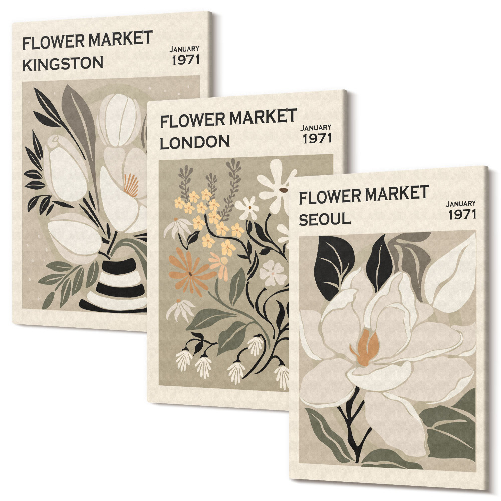 Kép szett triptichon Retro virágok a világ különböző városaiból