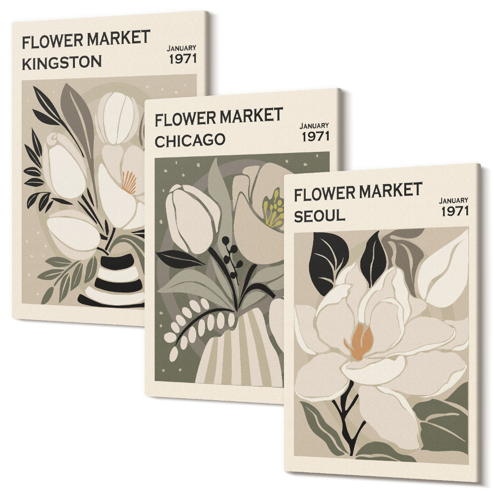 Kép szett triptichon Virágok a Kingston, Chicago és Szöul piacáról retro stílusban