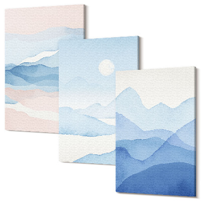 Falikép szett triptichon Kék és rózsaszín hegyi tájak akvarellben