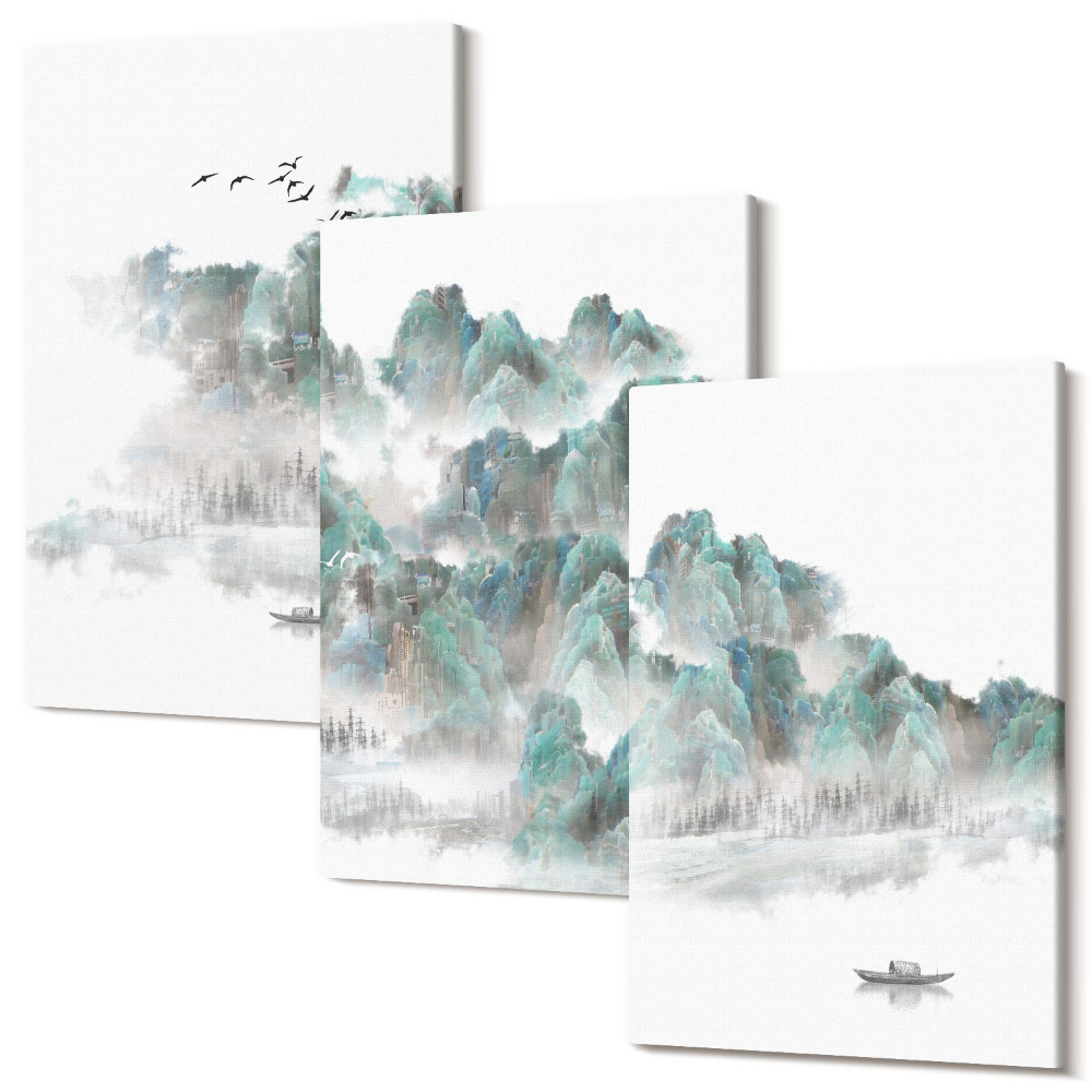 Háromrészes vászonkép szett Hegyek a felhőkben, madarak és egy hajó a vízen japandi