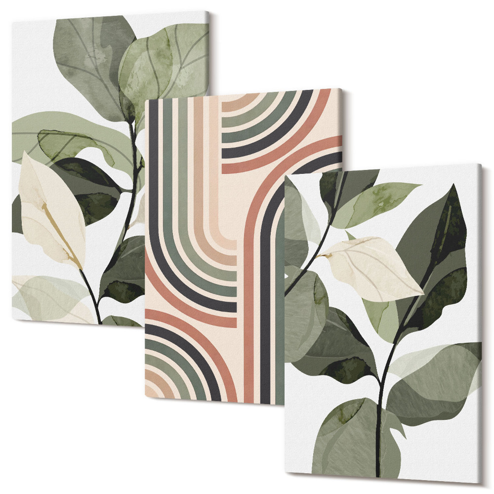 Falikép szett triptichon Geometrikus mintázatú növényi motívumok zöld árnyalataiban