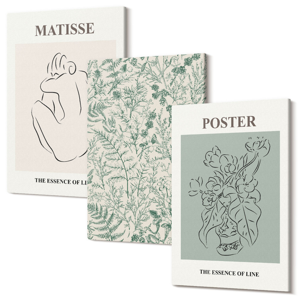 Háromrészes vászonkép szett Vonalak és növényi minták minimalista stílusban