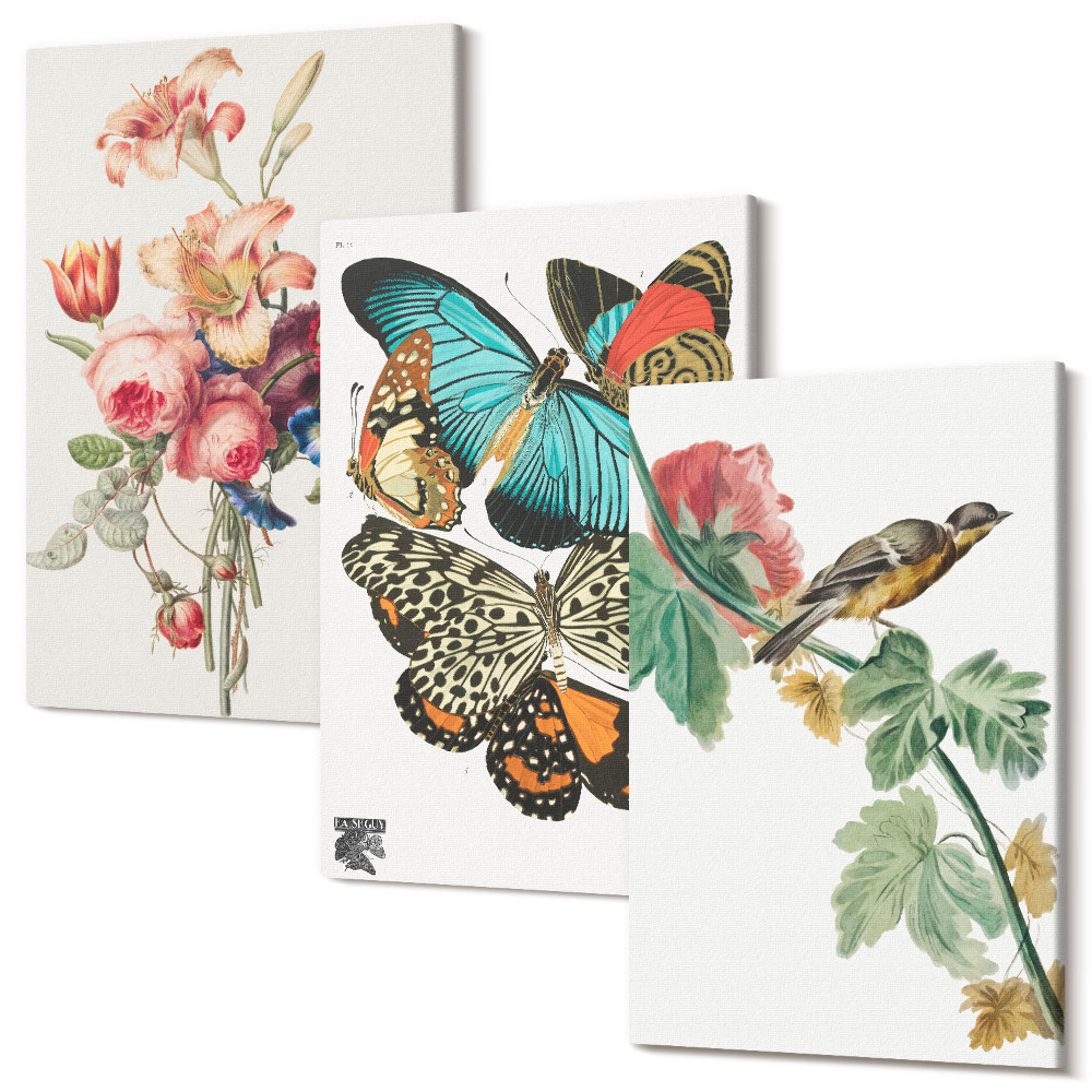 Háromrészes vászonkép szett Virágok, pillangók és egy madár pasztell árnyalatokban