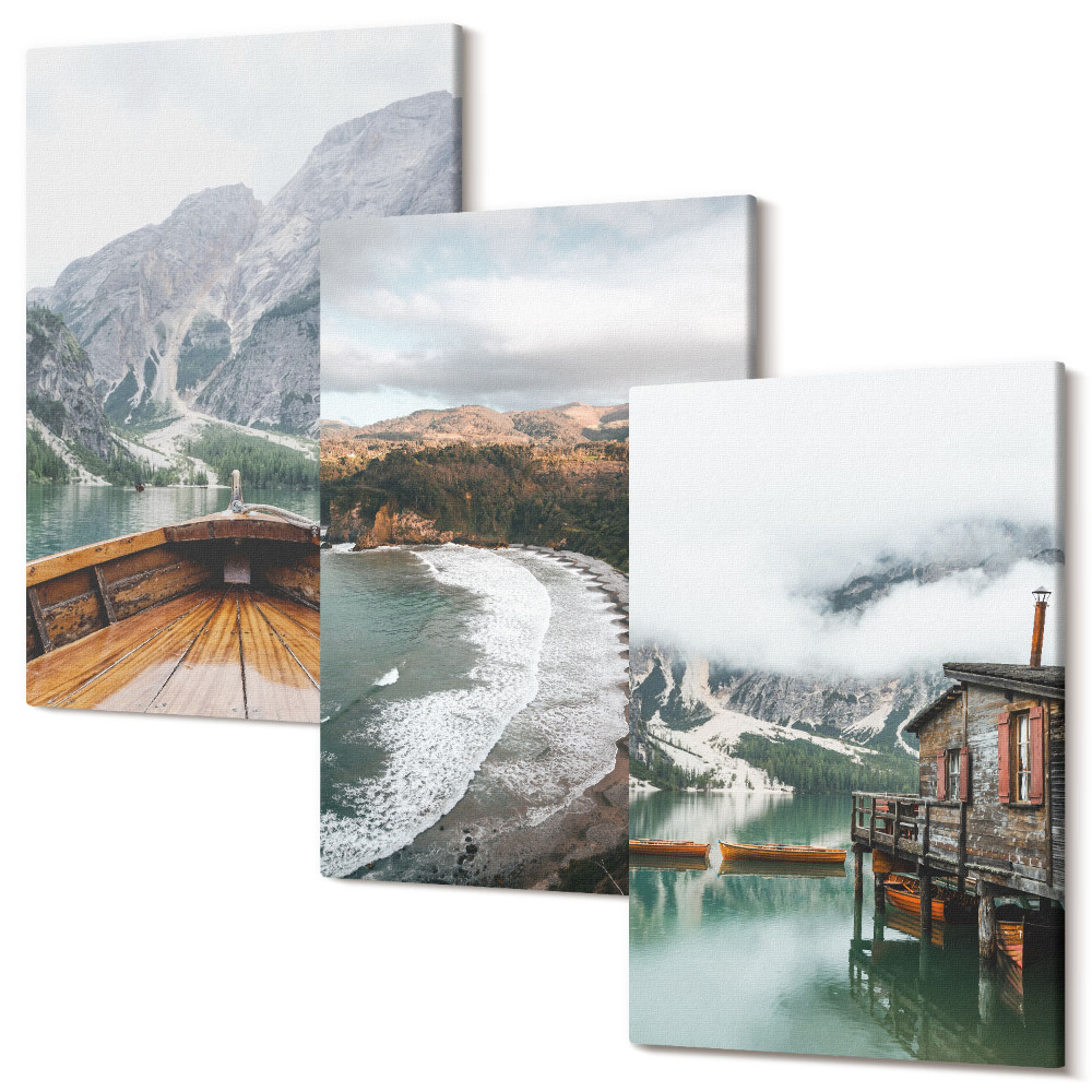 Háromrészes vászonkép szett Kilátás a hegyekre a tó felett egy csónakkal és egy tengerparti tájjal