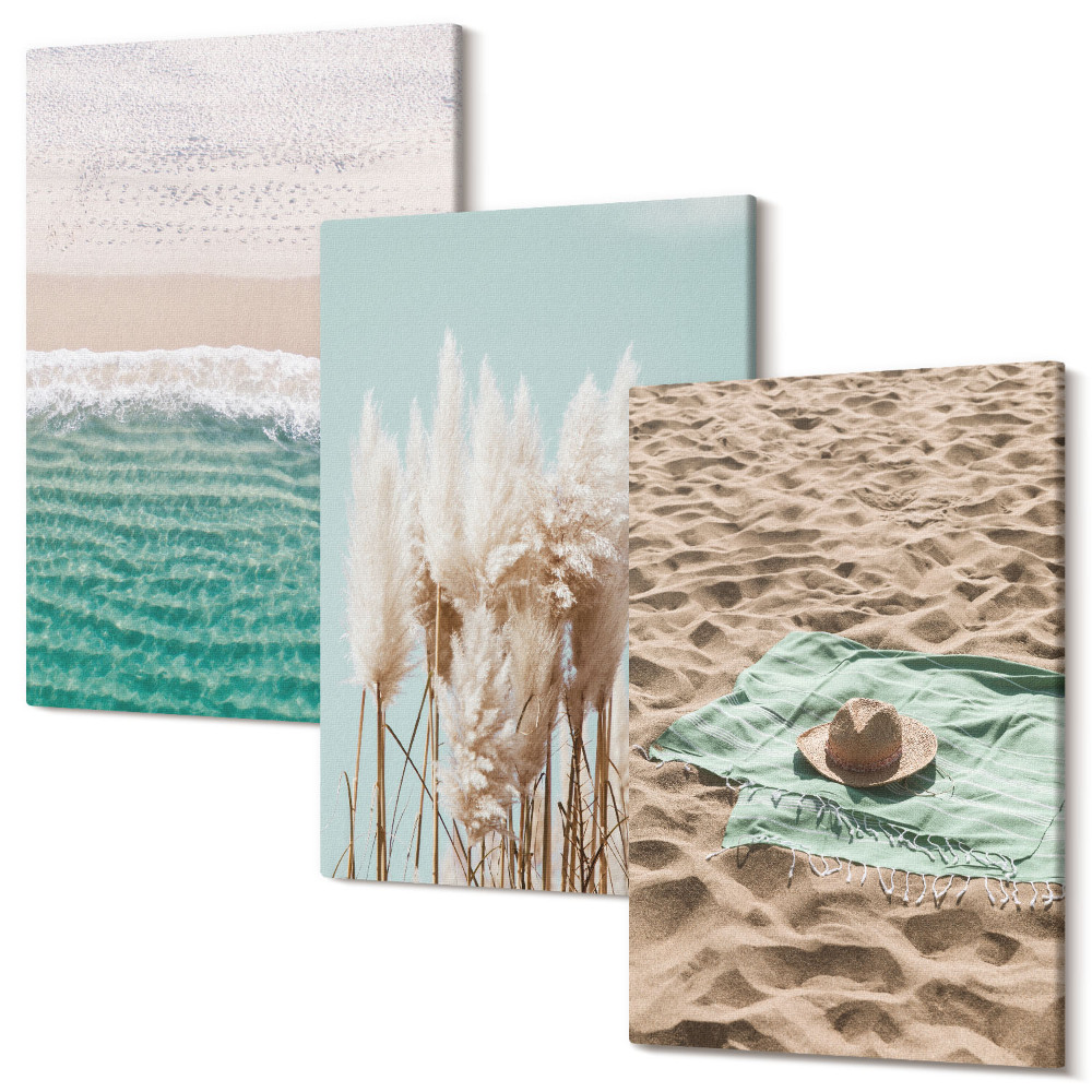 Falikép szett triptichon tengerpart hullámok fű kalap homok pihenés természet