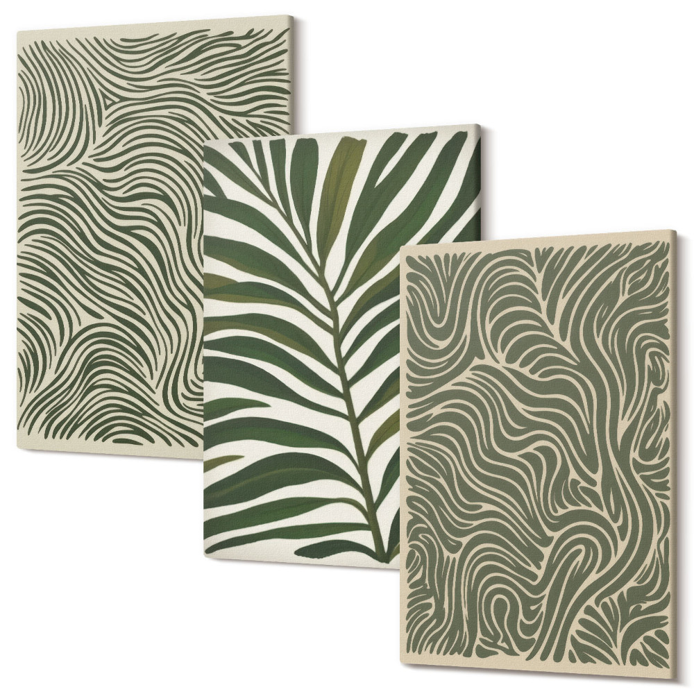 Falikép szett triptichon Absztrakt minták levelekkel és hullámos formákkal