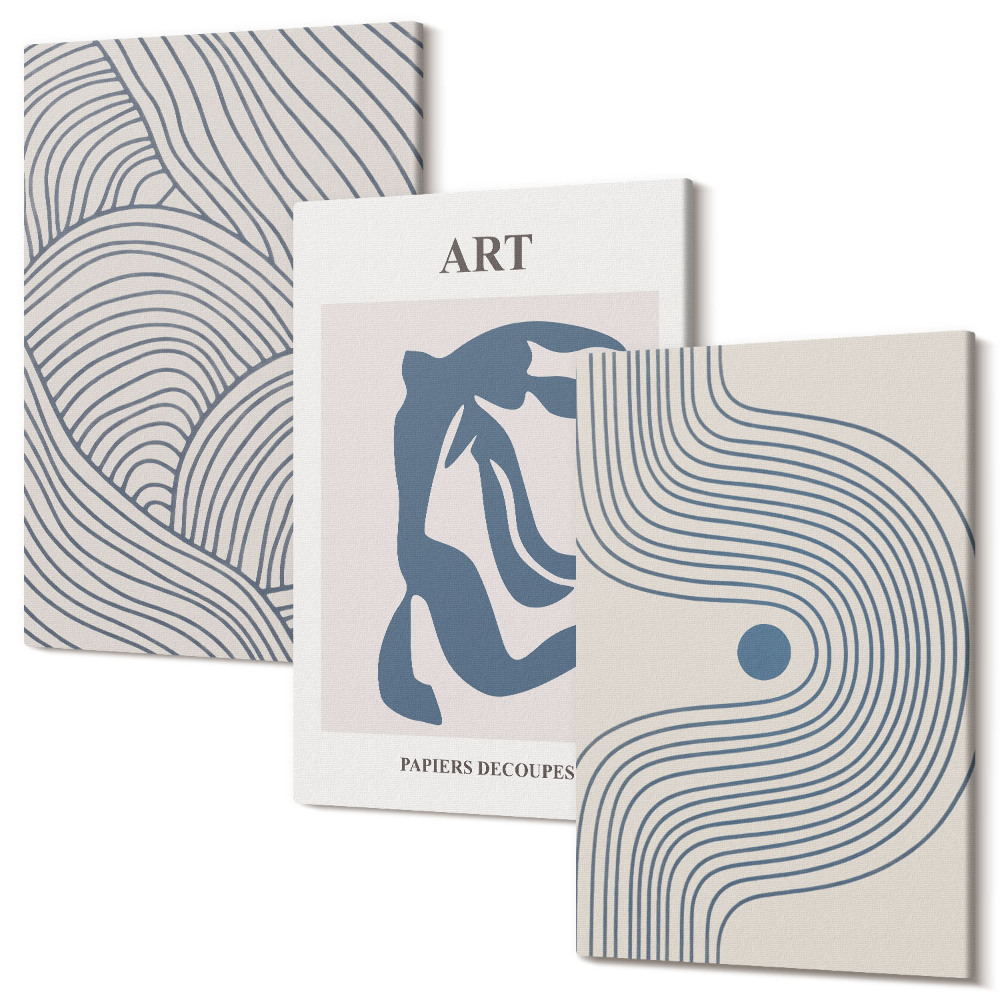 Háromrészes vászonkép szett Vonalak és formák absztrakt mintái kék árnyalataiban