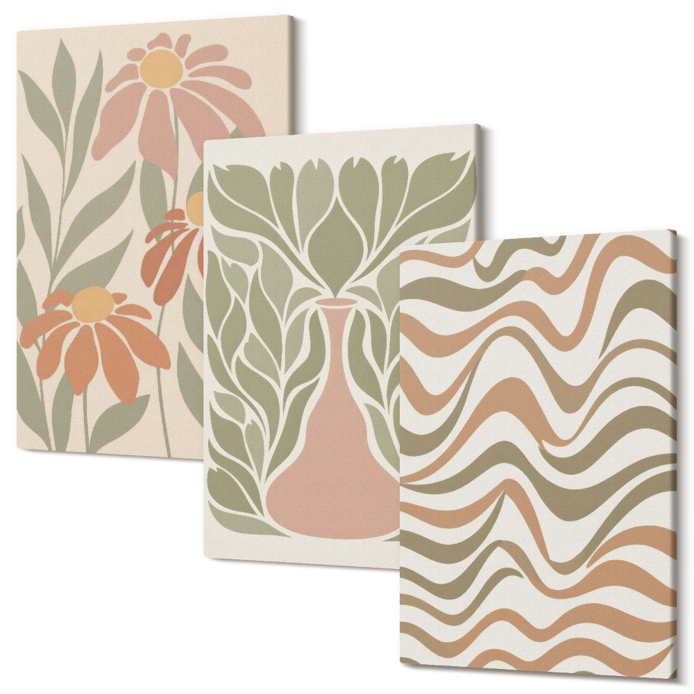 Falikép szett triptichon Pasztell virágos illusztrációk hullámos absztrakció