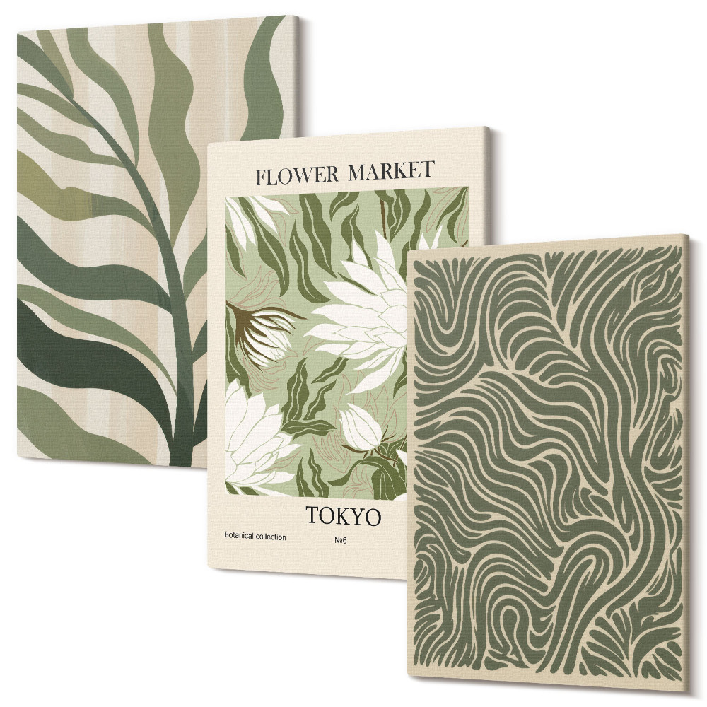 Falikép szett triptichon Növényminták, botanikai dekorációk, bohó stílus