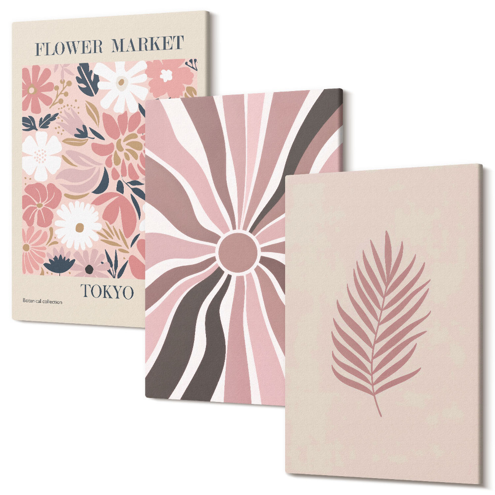 Háromrészes vászonkép szett Virágminták levelekkel és geometriai alakzatokkal