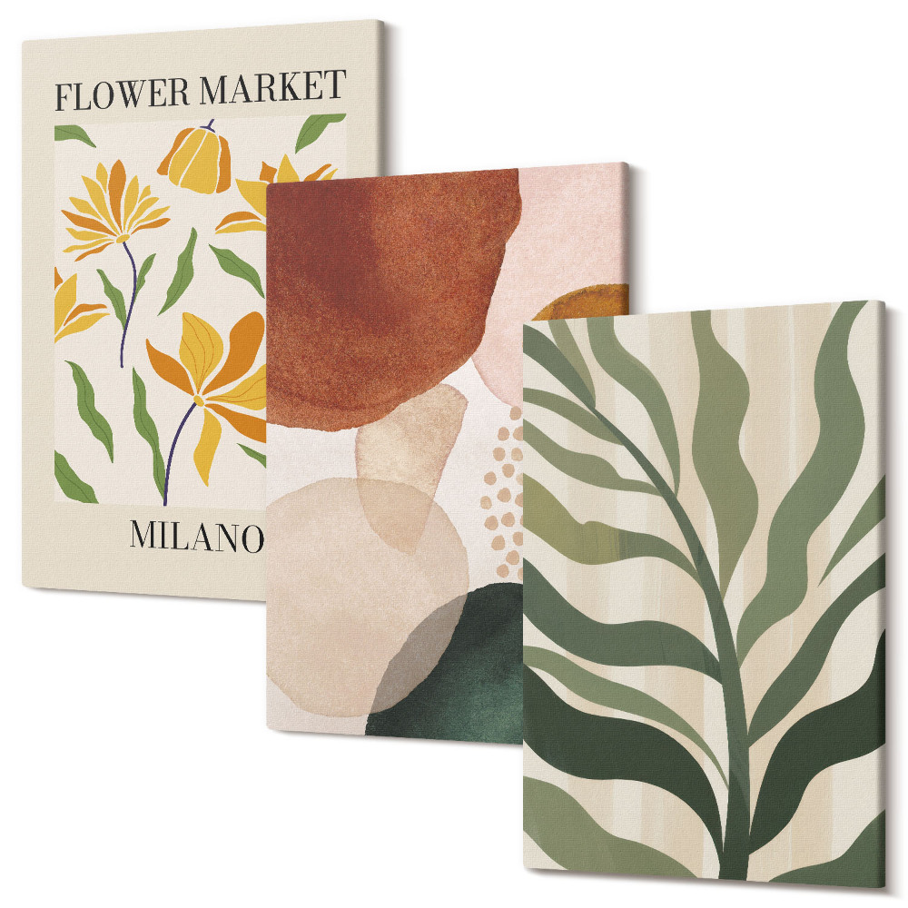 Falikép szett triptichon Virágmotívumok absztrakt formákkal és levelekkel