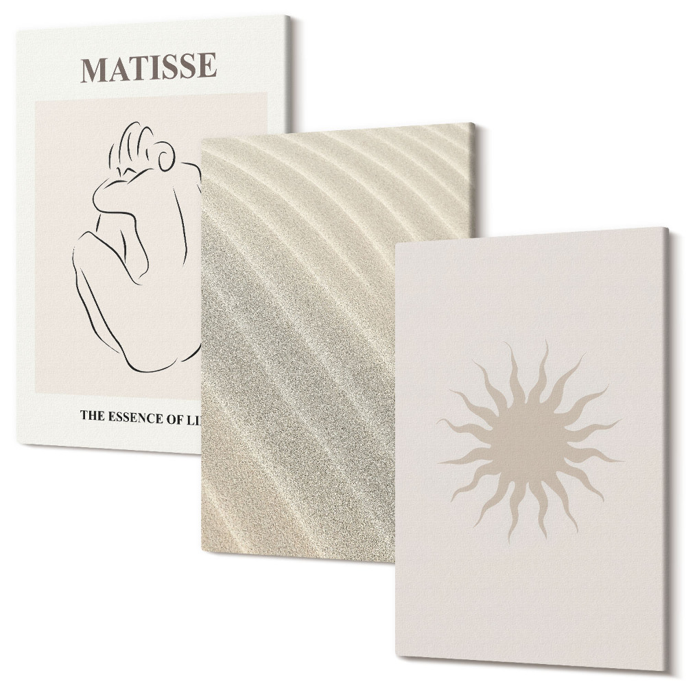 Falikép szett triptichon Minimalista vonalak, homok, hullámok és nap