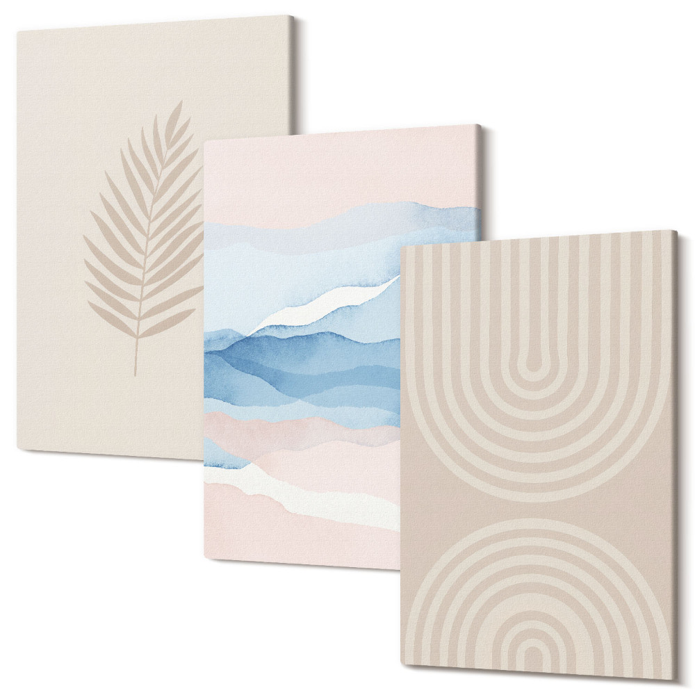 Háromrészes vászonkép szett Bézs és kék árnyalatú levelek és hullámok