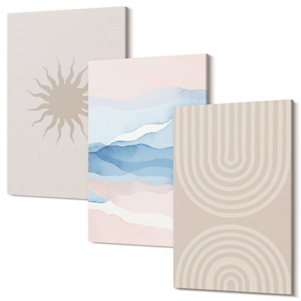 Falikép szett triptichon Nap, hullámok és absztrakt vonalak pasztell színekben