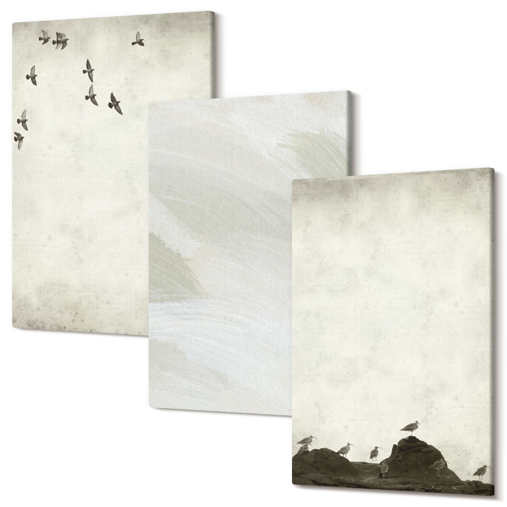 Háromrészes vászonkép szett Madarak, sziklák és ecsetvonásokkal díszített minimalista dekoráció