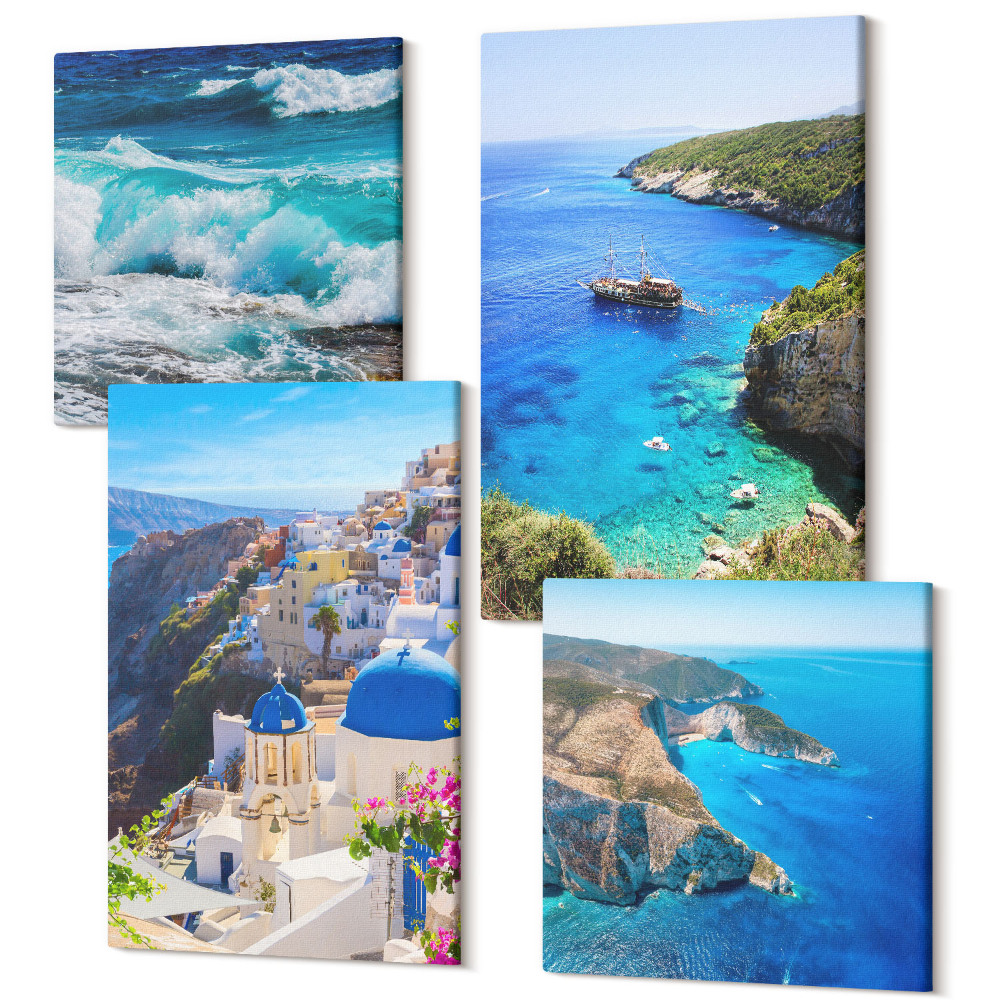 Négy részes vászonkép szett Görög tengerparti kilátás és Santorini városa, Oia