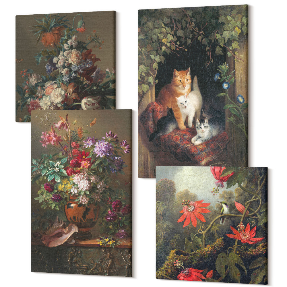 Négy részes vászonkép Vintage virágok macskák és növények a természetben