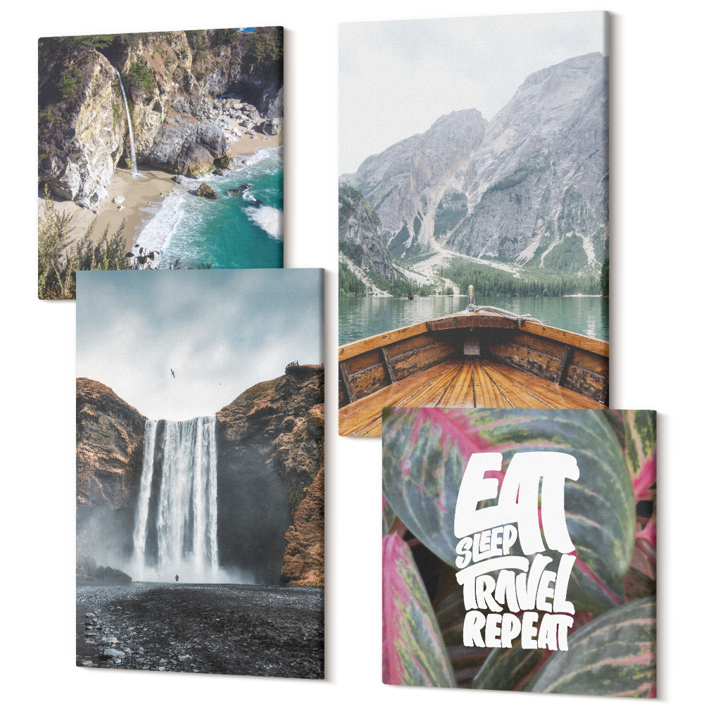 Négy részes vászonkép szett Vízesés hegyek utazási természet csónak és a növényzet