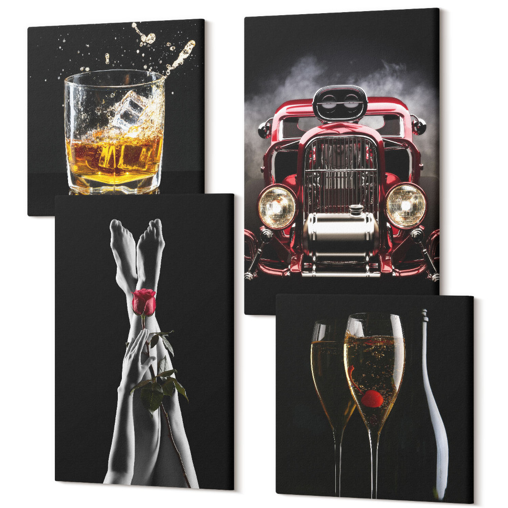 Négy részes vászonkép Női lábak rózsával, régi autóval, borral, whiskyvel