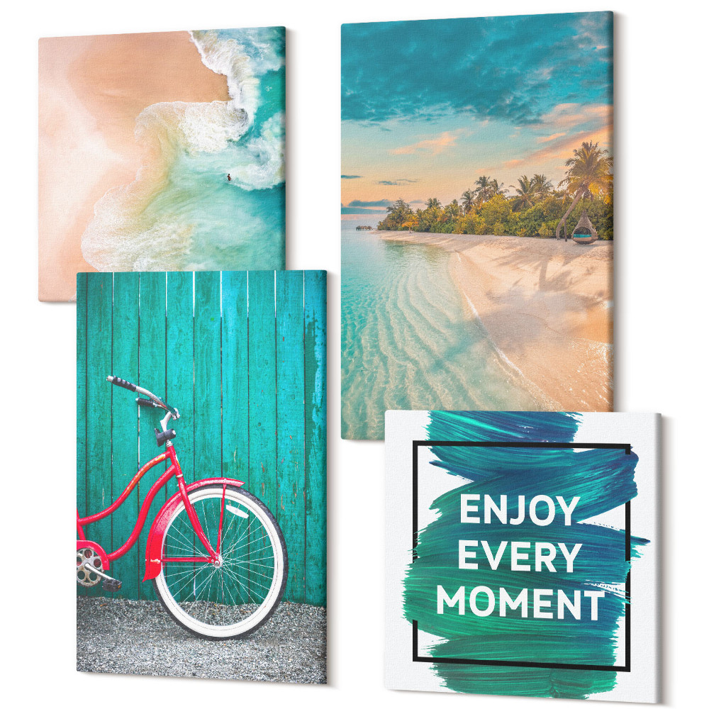 Négy részes vászonkép Tengerre néző hajó kerékpár inspiráló felirattal