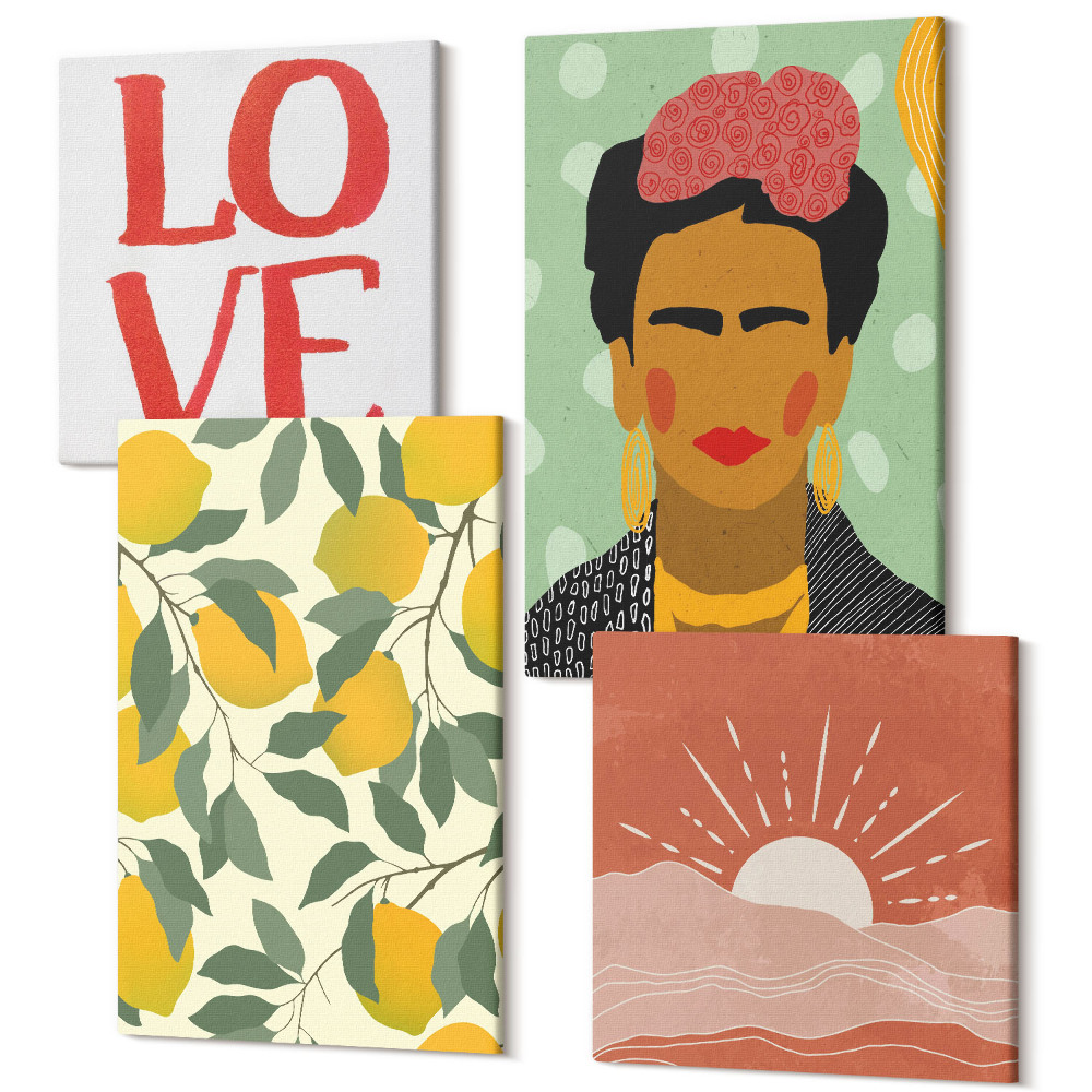 Négy részes vászonkép Citrom felirat LOVE tájkép Frida Kahlo portréja