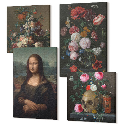 Négy részes vászonkép szett Vintage Flowers Skull and Mona Lisa Portré, Leonardo da Vinci