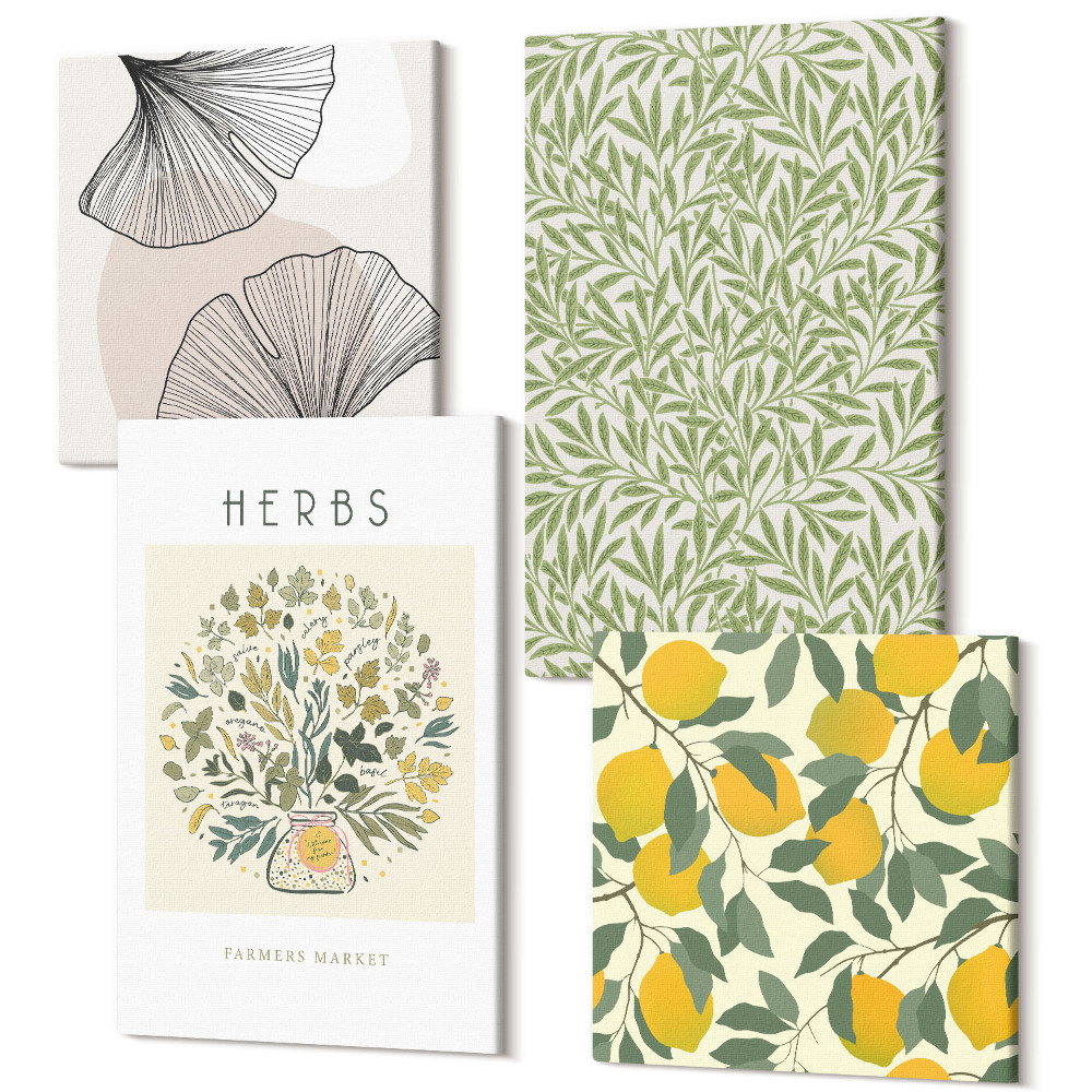 Négy részes vászonkép Citrom motívumok gyógynövényekkel és növényi levelekkel