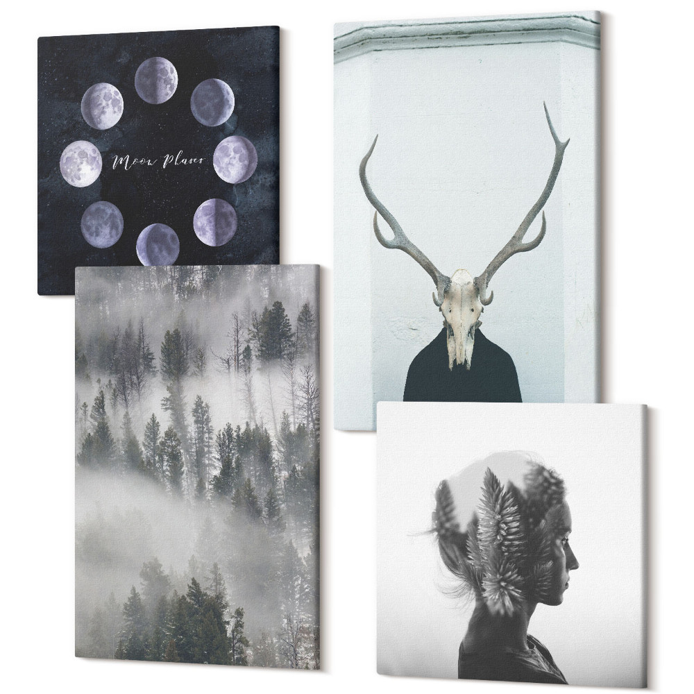 Négy részes vászonkép szett Ködös erdő holdfázisai szarvas koponya nő
