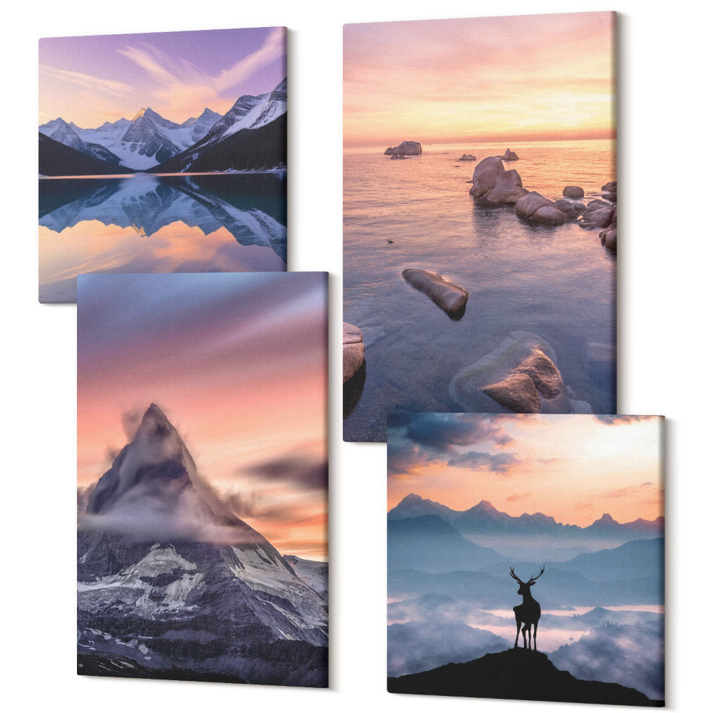 Négy részes vászonkép szett Tájak hegyek tavak szarvas és naplemente