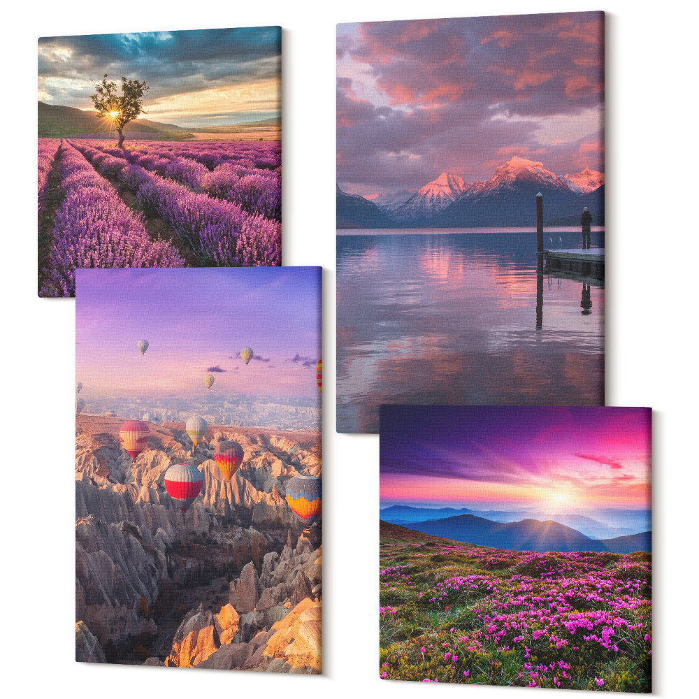 Négy részes vászonkép szett Táj levendulamezőkkel és naplementével