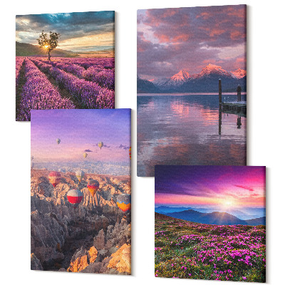 Négy részes vászonkép szett Táj levendulamezőkkel és naplementével
