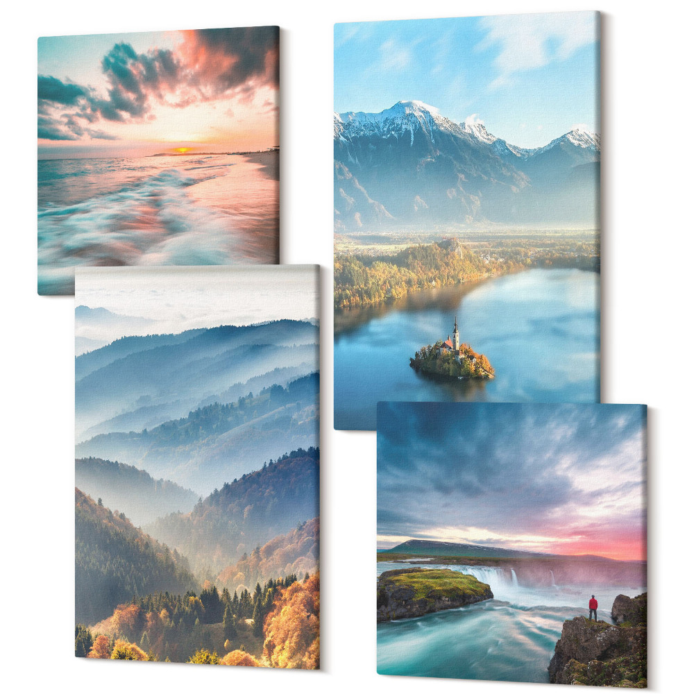 Négy részes vászonkép szett Festői hegyi tájak és vízesések a természetben