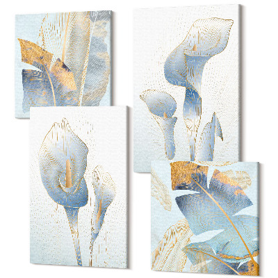 Négy részes vászonkép Finom kék virágok és levelek világos háttéren