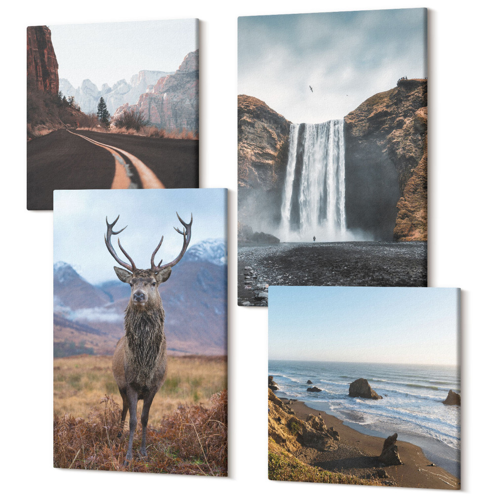 Négy részes vászonkép szett Hegyi tájak vízeséssel, szarvassal és stranddal